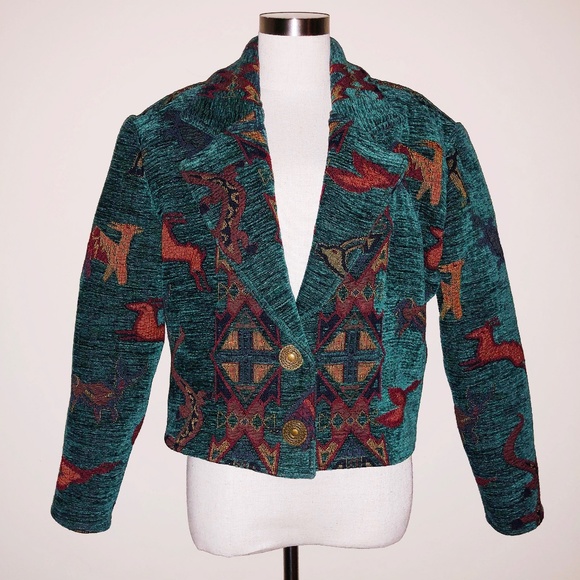Vintage Jackets & Blazers - Vintage 80s Green Bolero Western Tapestry Jacket